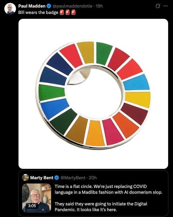 Paul Madden's post highlighting the multicolored SDG pin above Marty's post about Bill Gates and AI doomerism