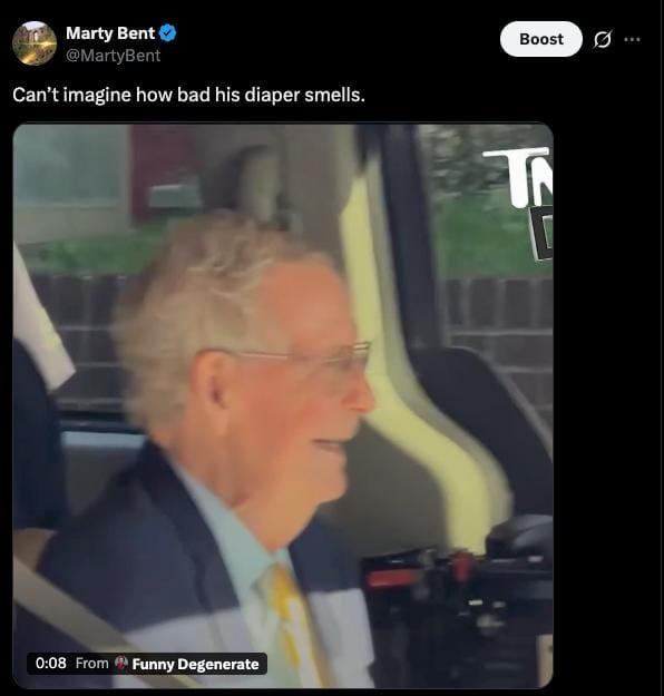 Marty's screenshot of a post showing Mitch McConnell seated in a van before returning to the Capitol