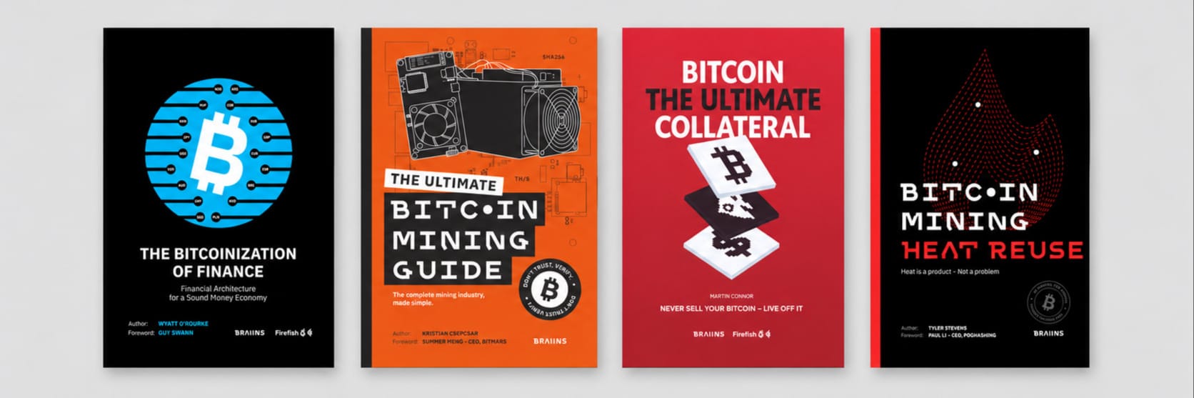 Four Braiins books on Bitcoin and mining, including The Ultimate Bitcoin Mining Guide.