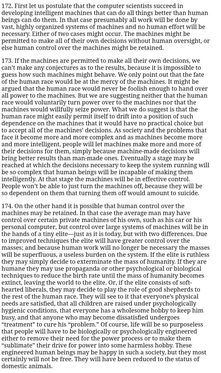 Paragraphs 172 through 174 of Ted Kaczynski's 1995 manifesto, Industrial Society and Its Future