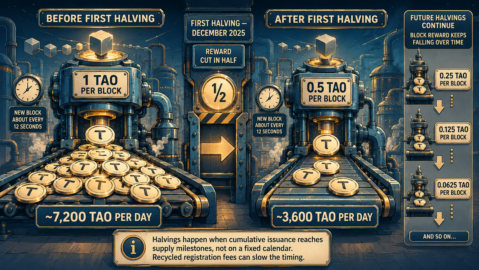 infographic comparing Bittensor issuance before and after the December 2025 halving, with the block reward falling from 1 TAO to 0.5 TAO and daily issuance dropping from about 7,200 to 3,600 TAO.
