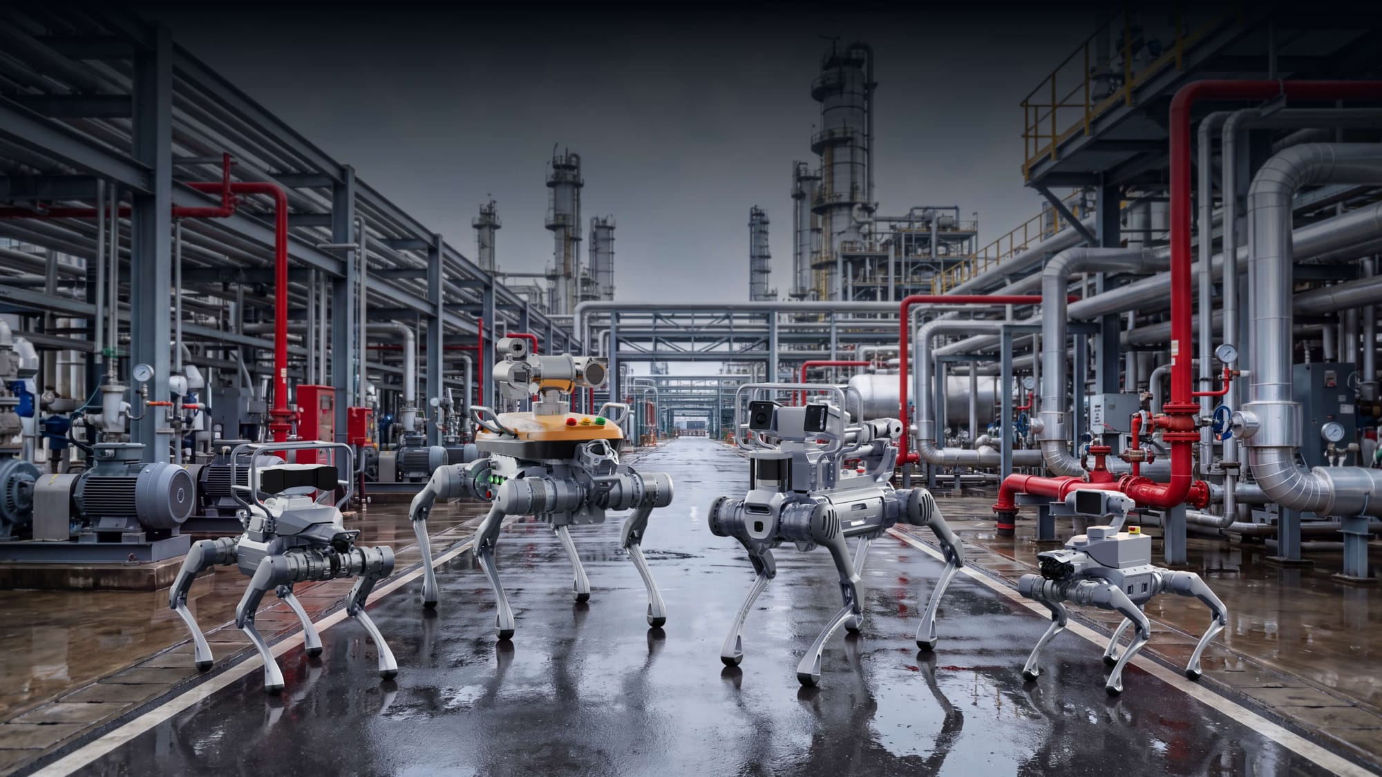 Unitree quadruped robots at an industrial site
