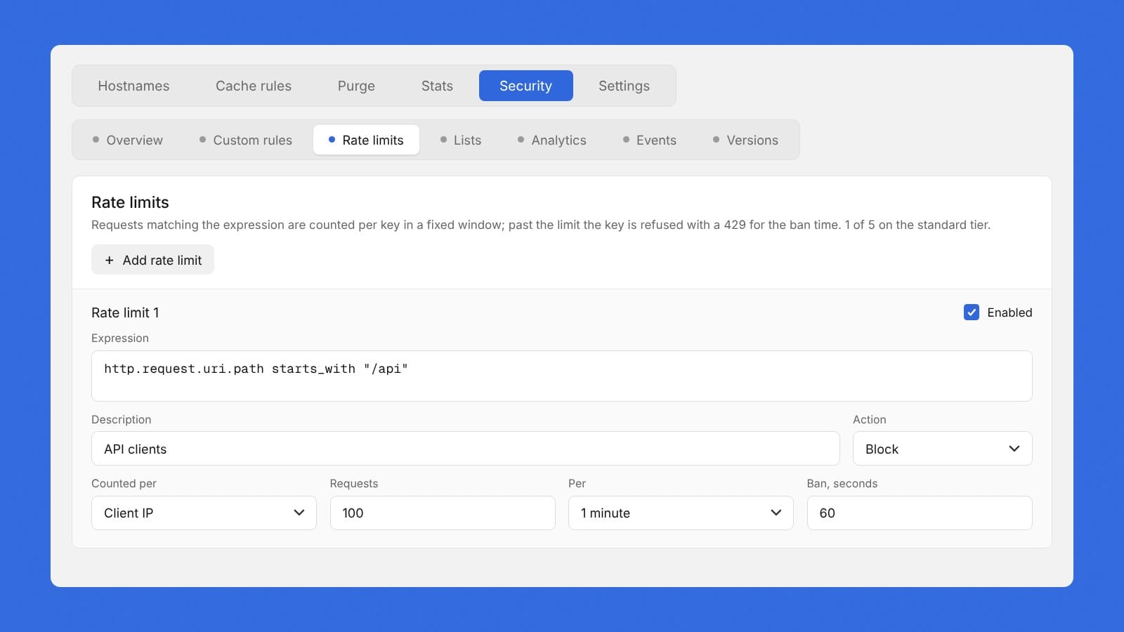 Hippius CDN WAF rate-limit settings in the console