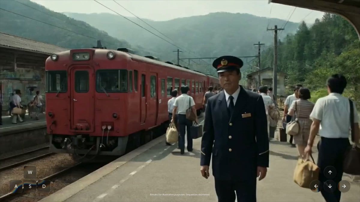 Genie 4 demo: crowded 1980s Japanese train station