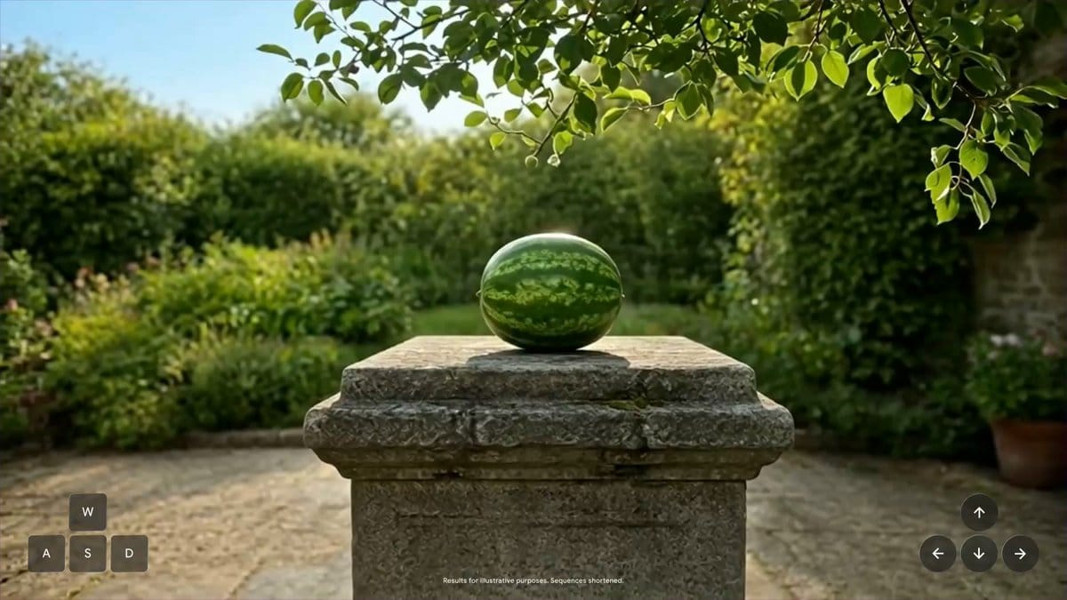 Genie 4 physics demo: watermelon on a stone plinth