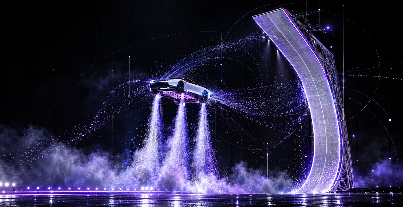 Tesla Roadster flying through the air using rocket thrusters