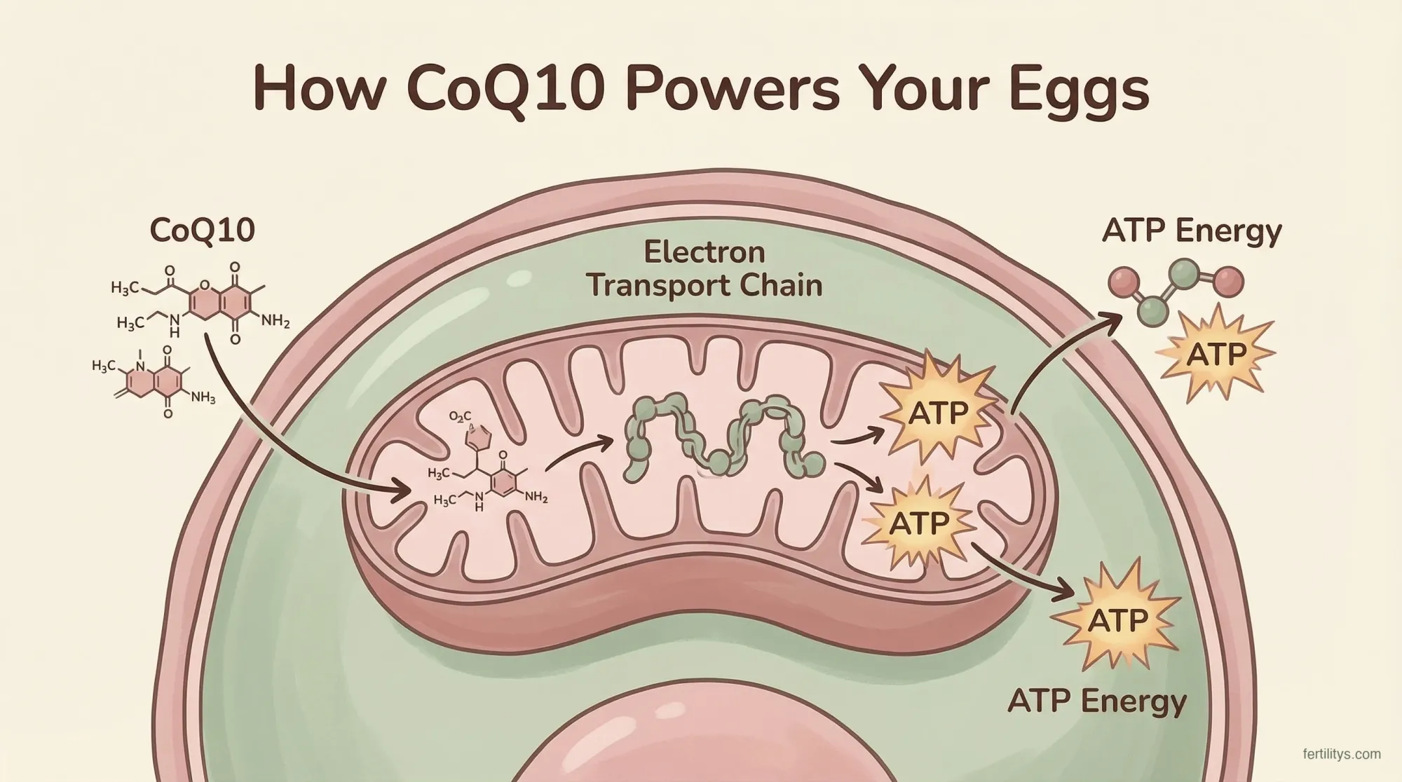 Diagram showing how CoQ10 supports mitochondrial energy production inside a human egg cell