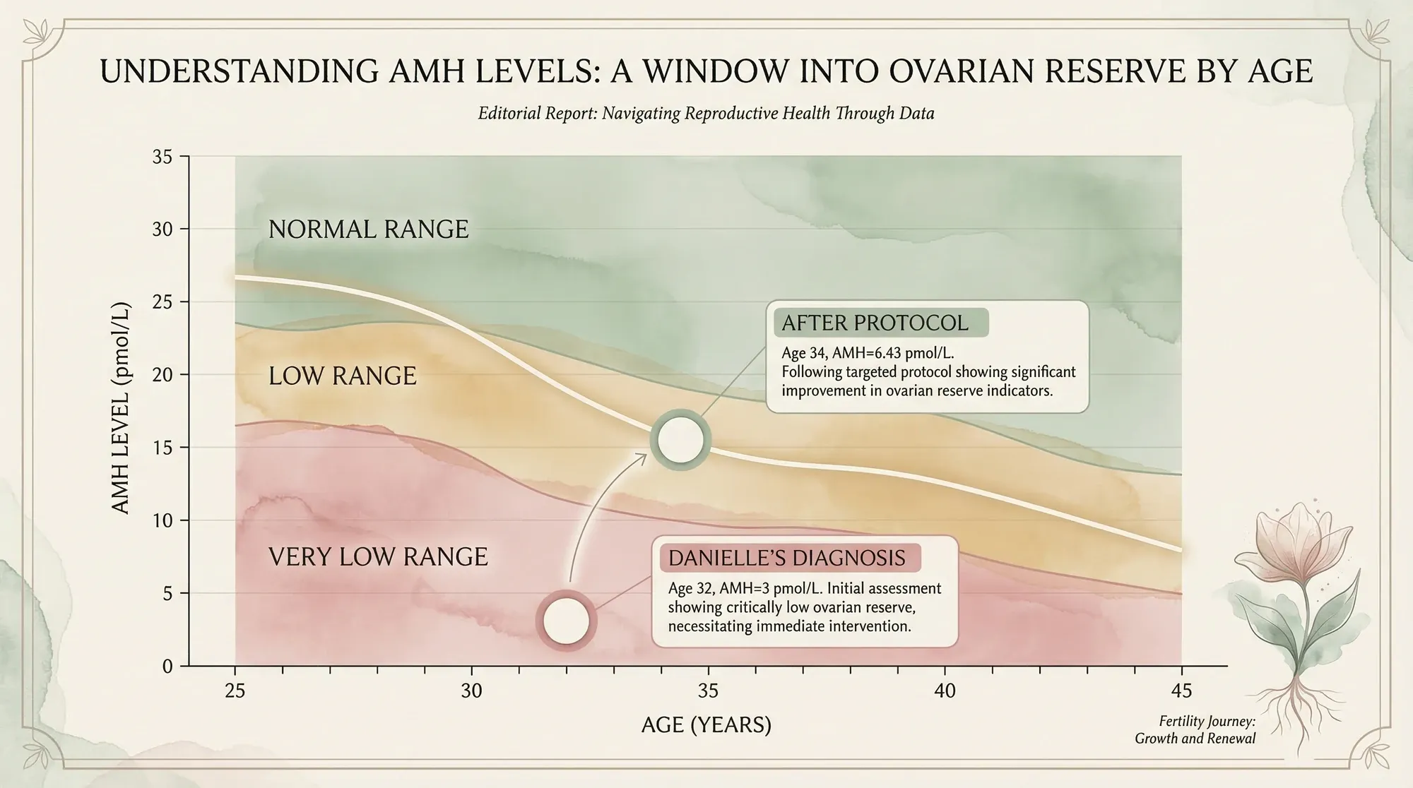 AMH levels by age chart showing normal, low, and very low zones — with Danielle's journey from AMH 3 at diagnosis to 6.43 after her protocol. fertilitys.com