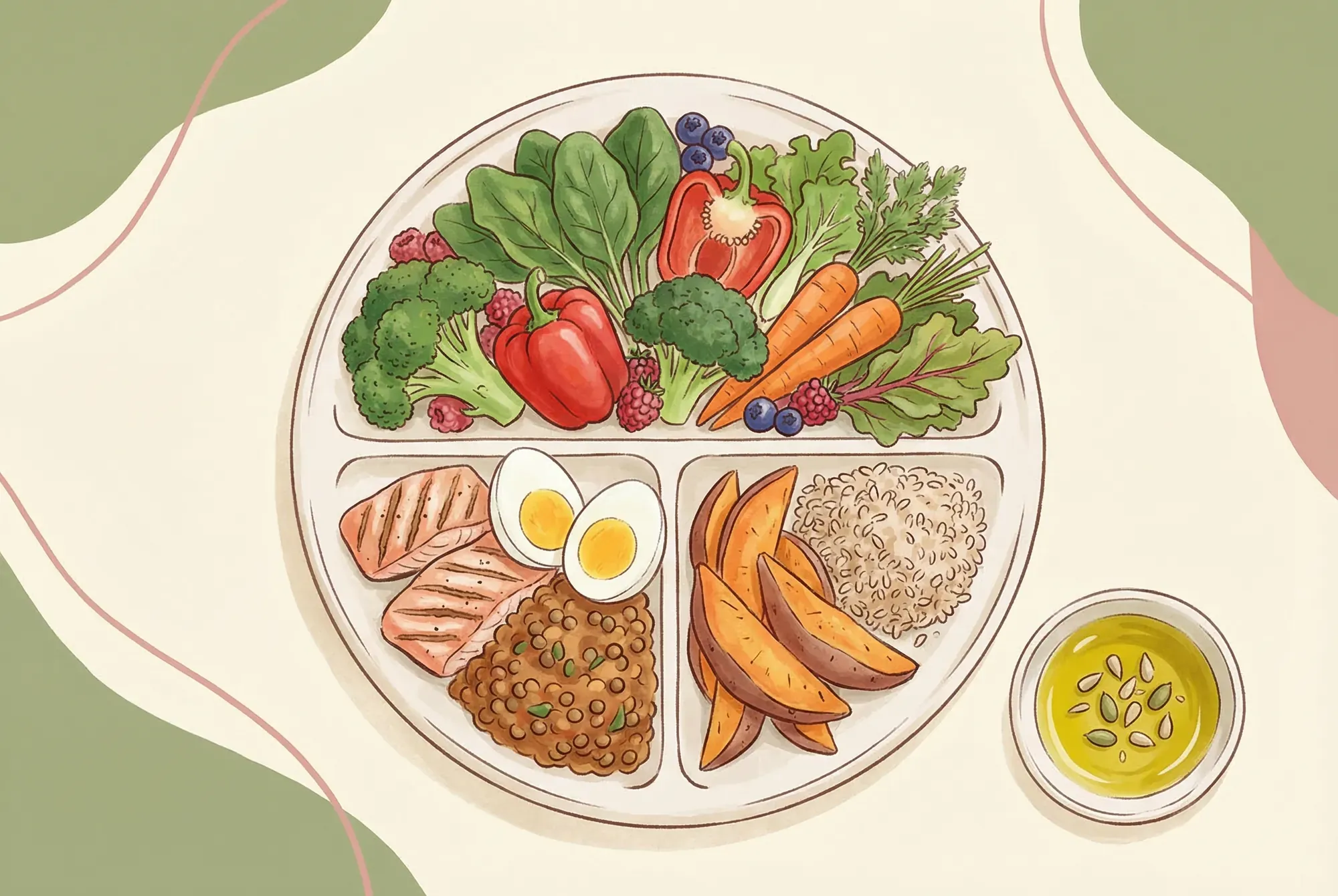 Illustrated fertility plate showing ideal meal proportions with vegetables, protein, and complex carbs