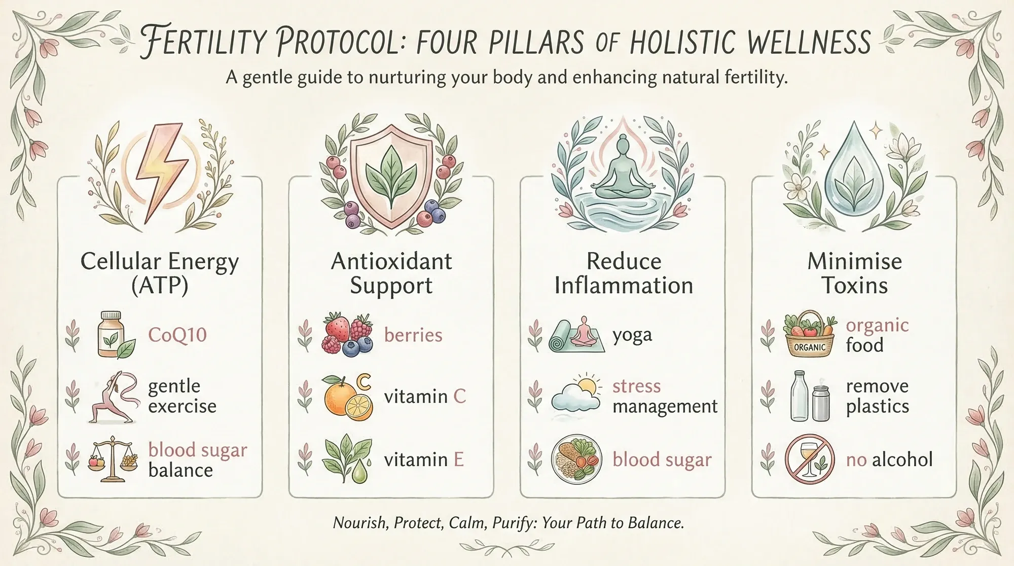 The 4-Pillar Fertility Protocol infographic — Cellular Energy, Antioxidant Shield, Calm Inflammation, Reduce Toxins. Detailed watercolour illustrations by Danielle Bowen. fertilitys.com
