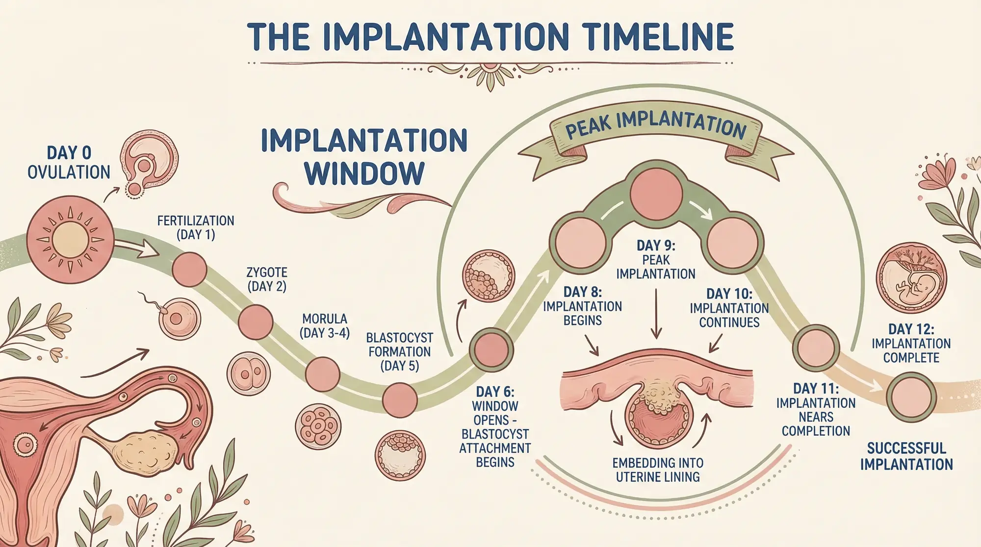 Implantation timeline diagram showing when implantation cramps happen from ovulation to 12 DPO