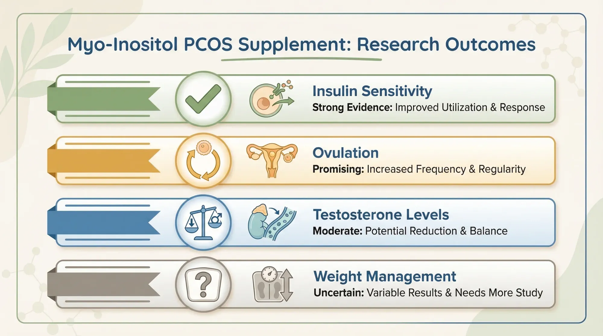 Chart comparing myo-inositol PCOS benefits across insulin, ovulation, androgens, and weight outcomes