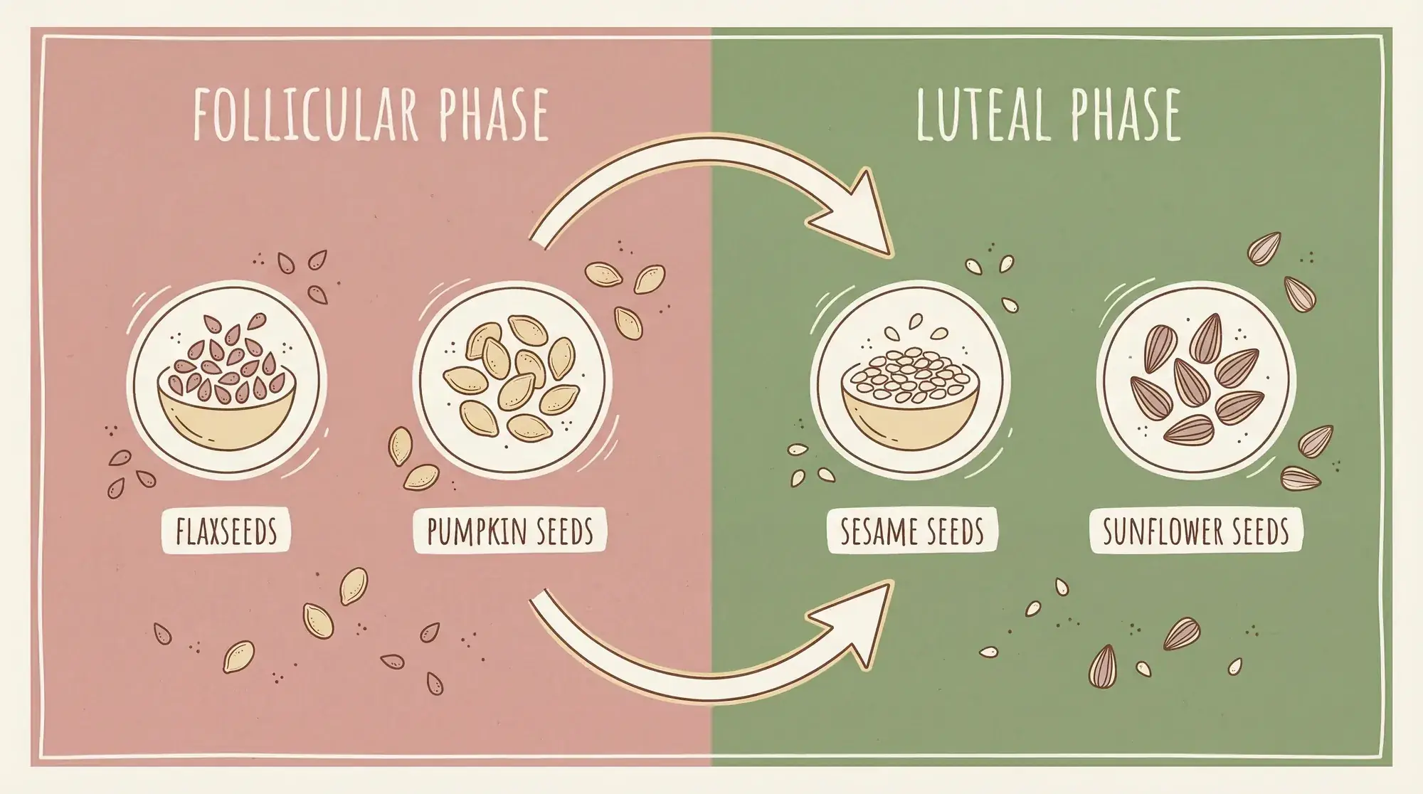 Seed cycling chart showing flaxseeds and pumpkin seeds for the follicular phase and sesame and sunflower seeds for the luteal phase