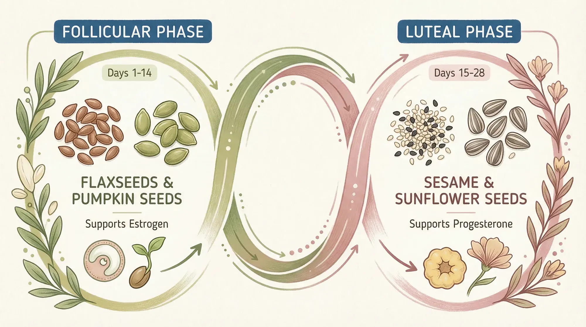 Diagram showing which seeds to eat during follicular and luteal phases