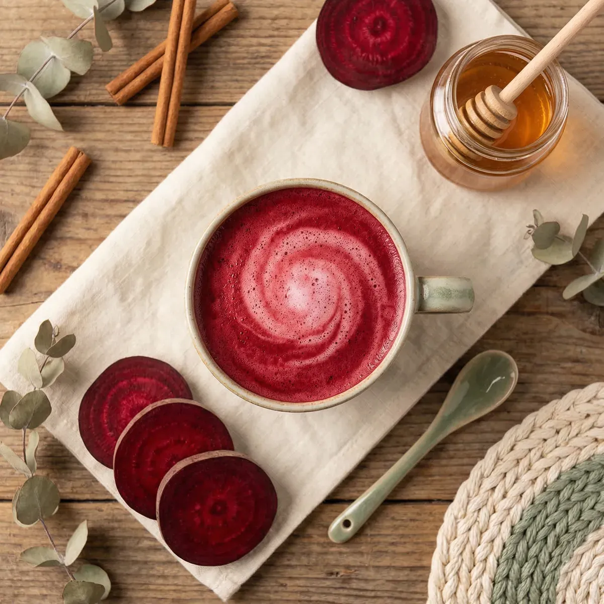 Beetroot fertility latte with cinnamon in a ceramic mug