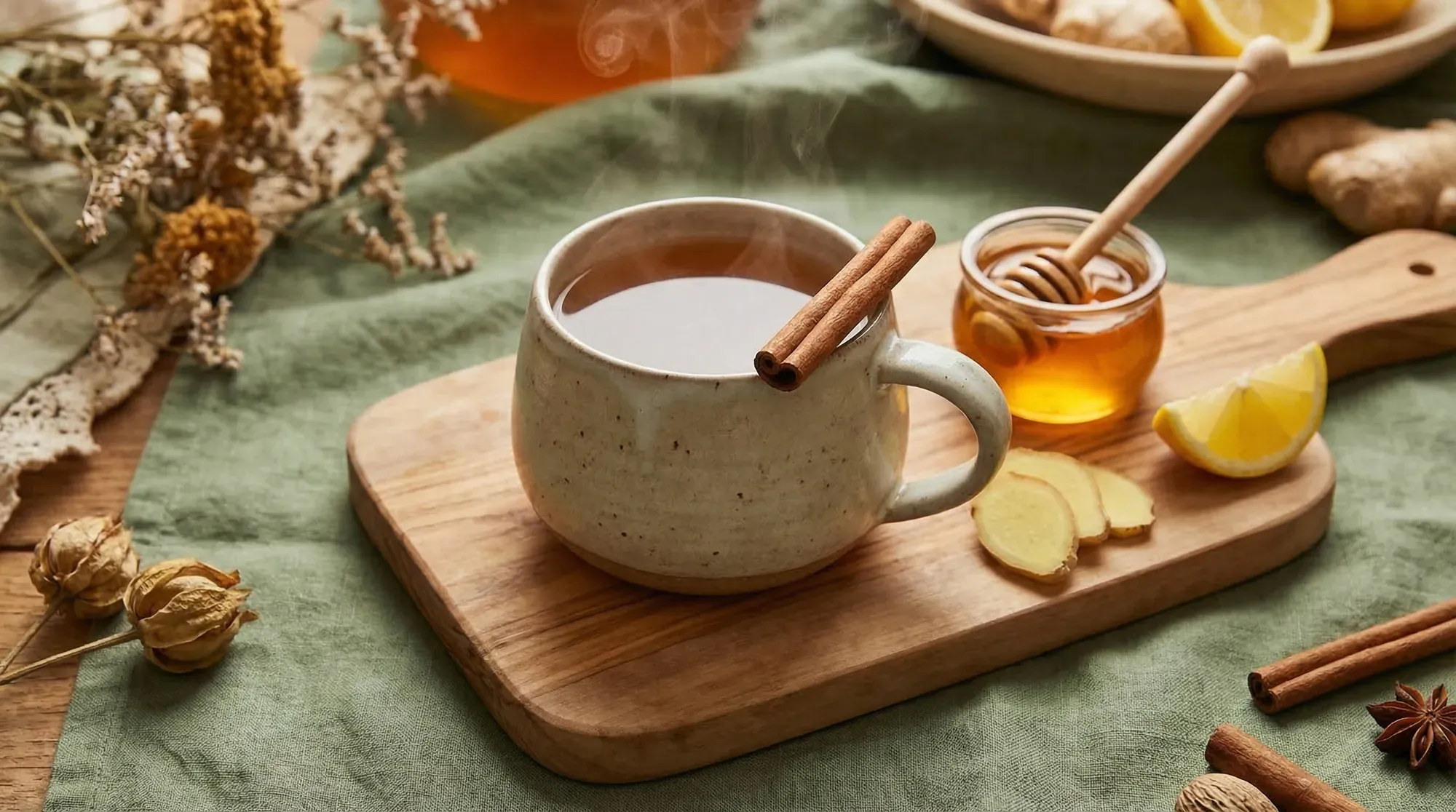 Warm cinnamon and ginger tea in a ceramic mug with Ceylon cinnamon stick and fresh ginger