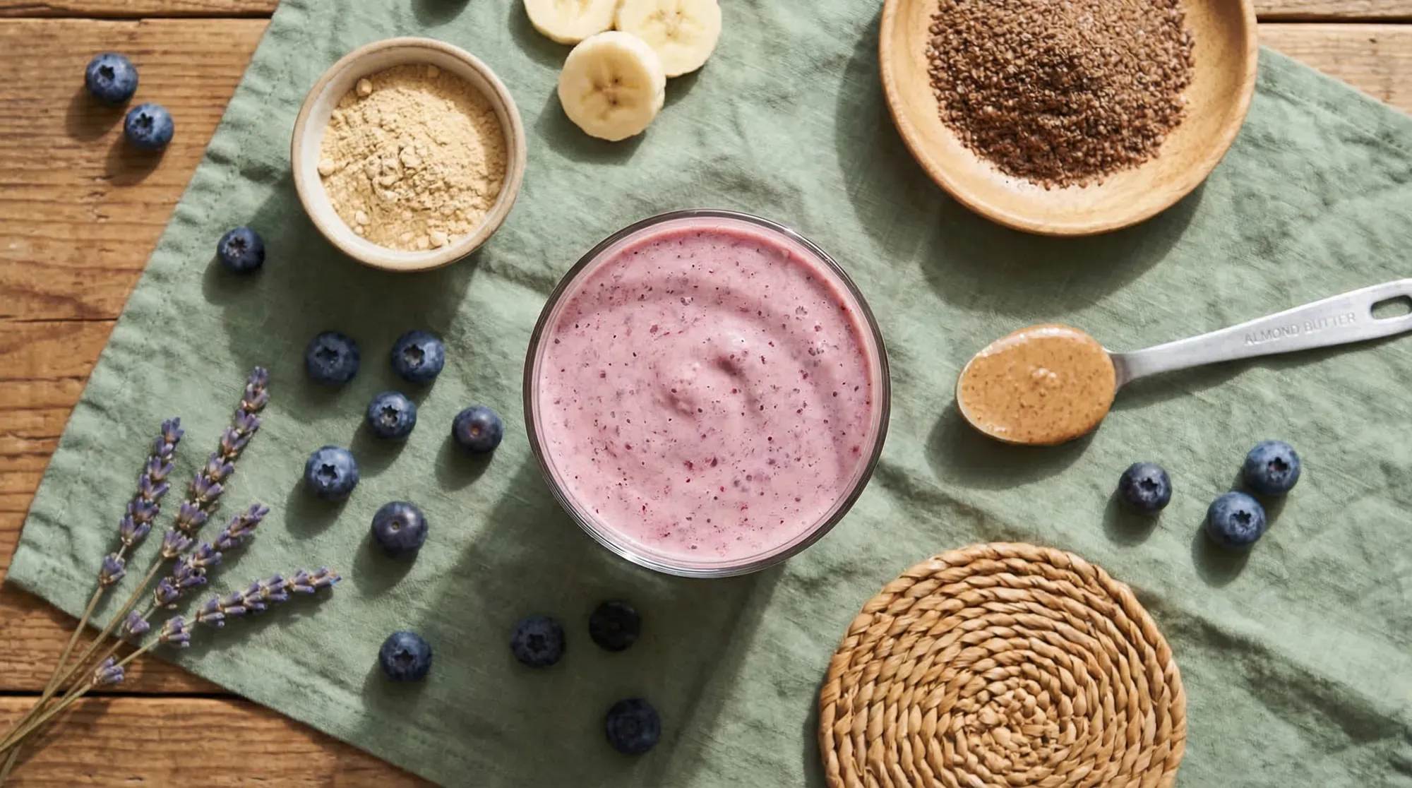 Maca fertility smoothie with banana, blueberries, and almond butter ingredients