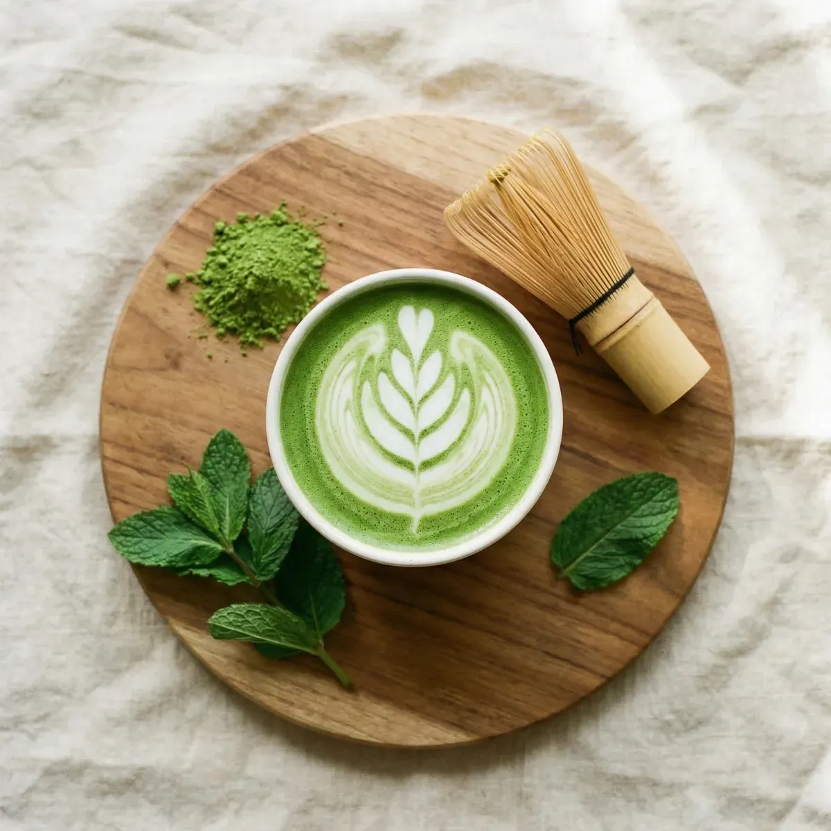 Ceremonial grade matcha latte with bamboo whisk