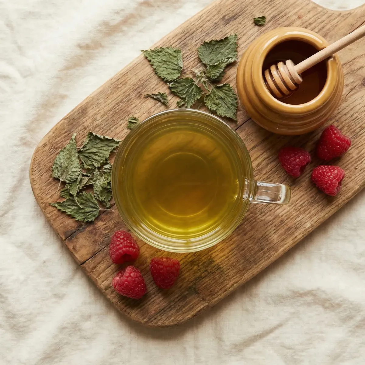 Nettle and raspberry leaf fertility tea with fresh raspberries