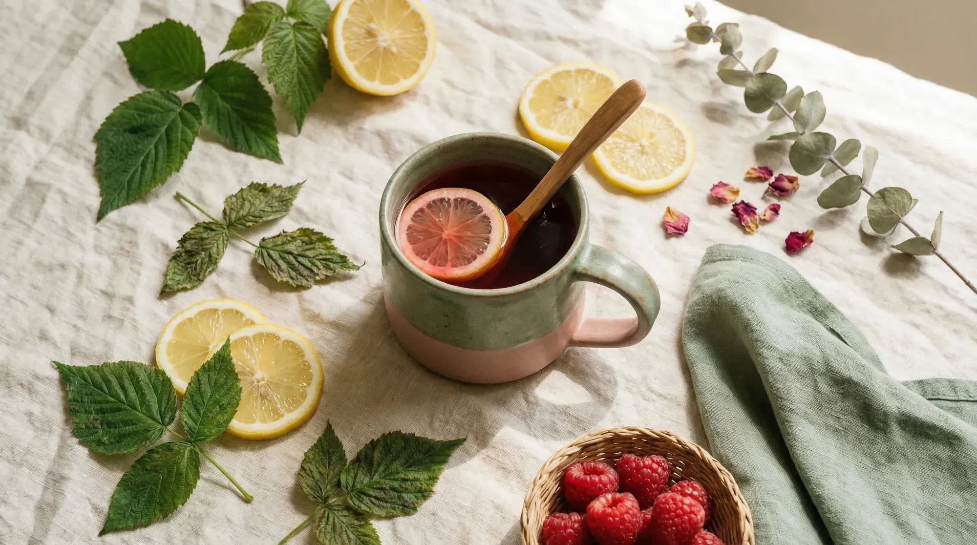 Red raspberry leaf tea with lemon in a ceramic mug