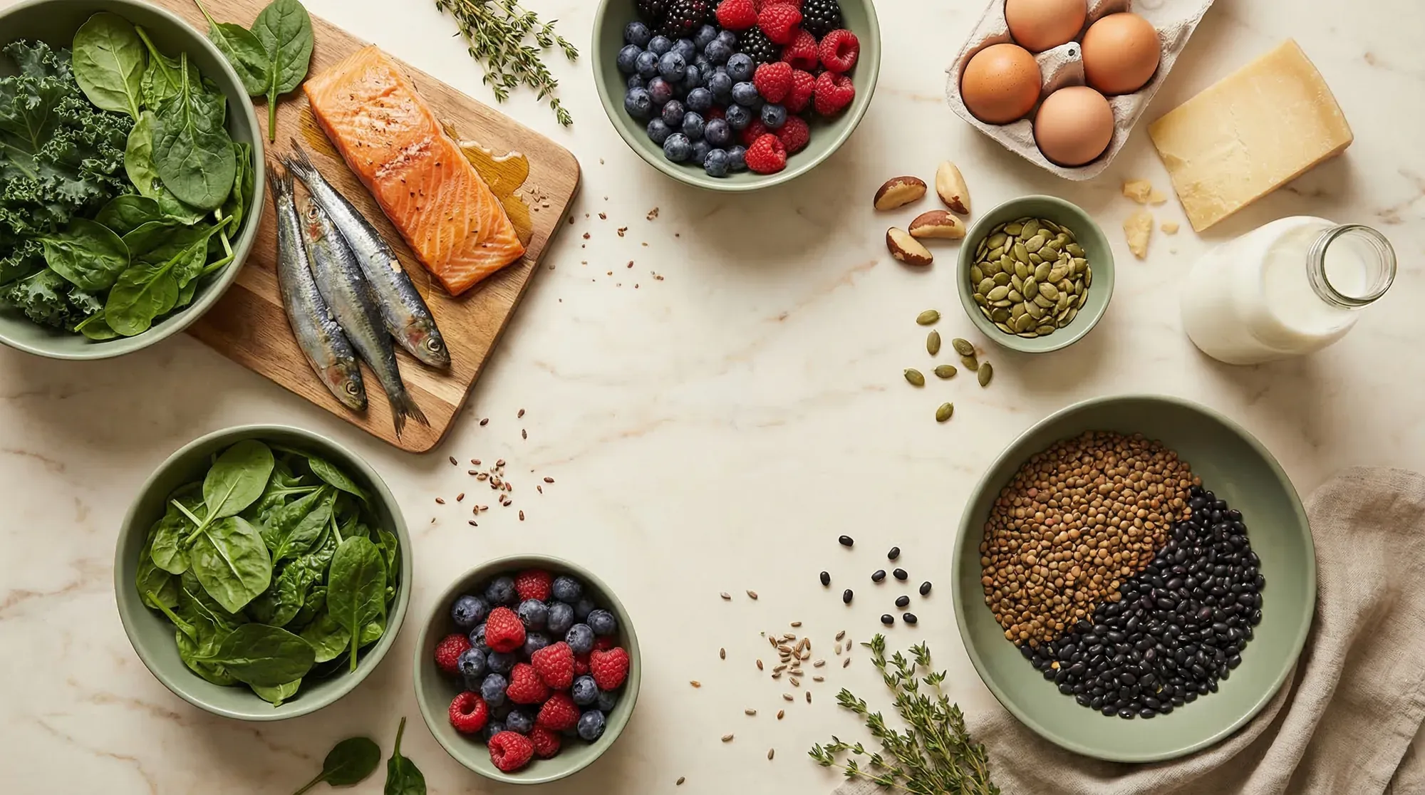 Fertility nutrient food sources including salmon, berries, leafy greens, eggs, and seeds on marble surface