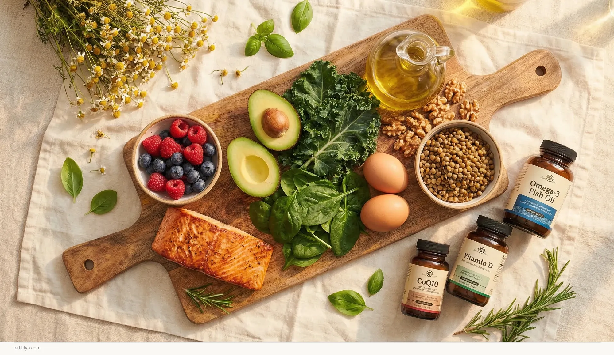 Mediterranean fertility diet flat-lay — salmon, berries, avocado, leafy greens, CoQ10, vitamin D, and omega-3 supplements. Danielle Bowen's low AMH nutrition protocol. fertilitys.com