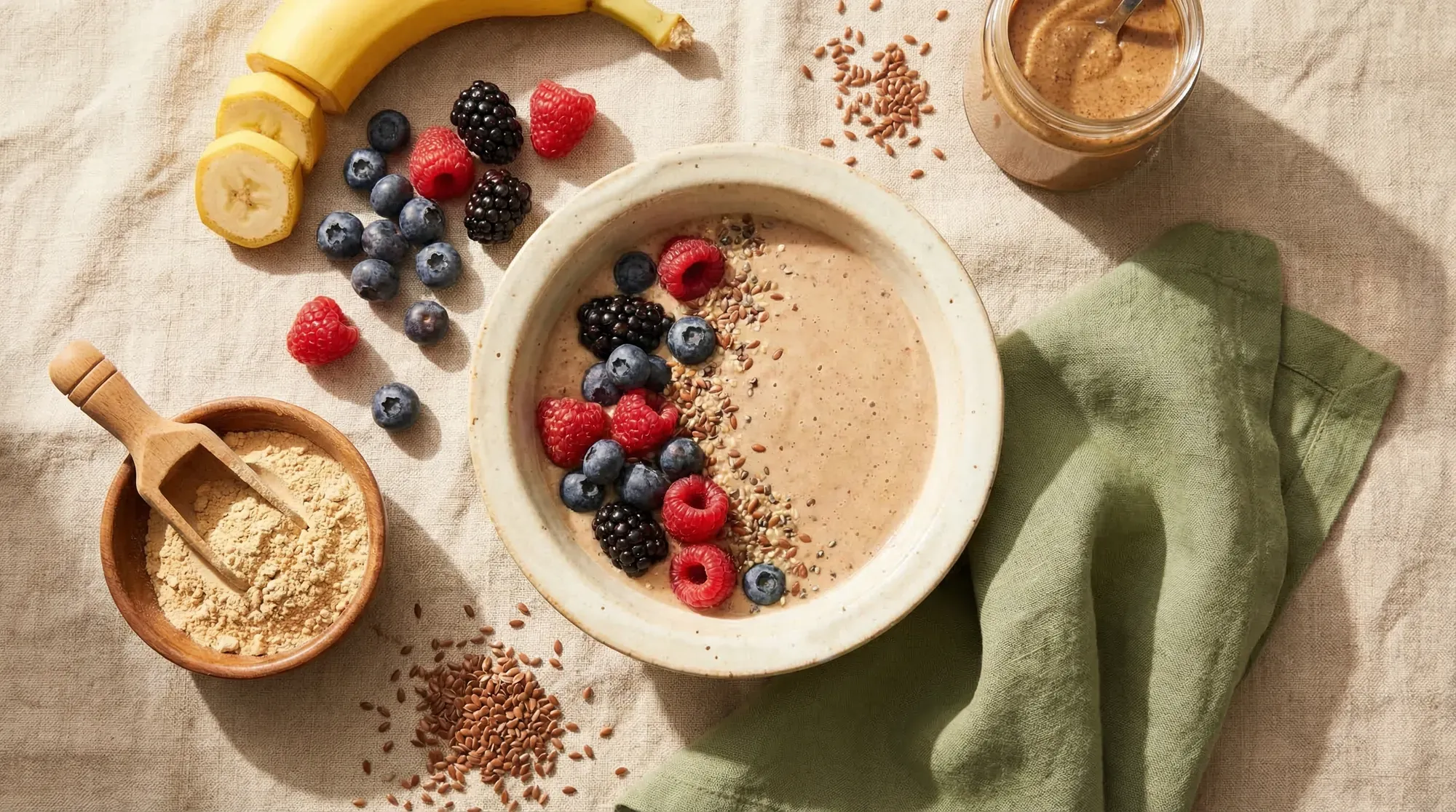 Maca fertility smoothie with berries, banana, flaxseeds and almond butter