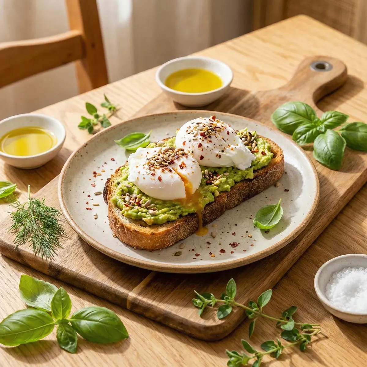 Avocado toast with poached eggs and seeds