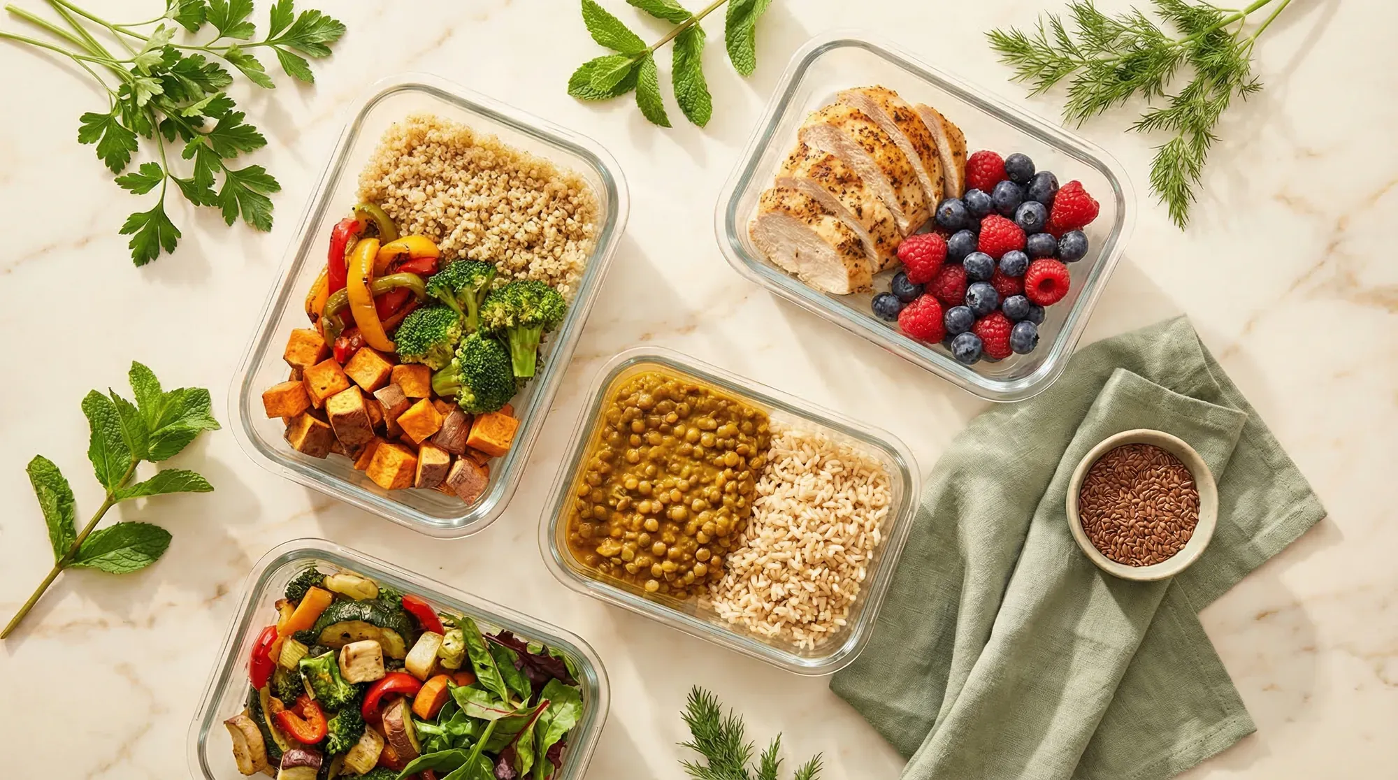 PCOS-friendly meal prep containers with Mediterranean-style dishes including quinoa, roasted vegetables, and fresh berries
