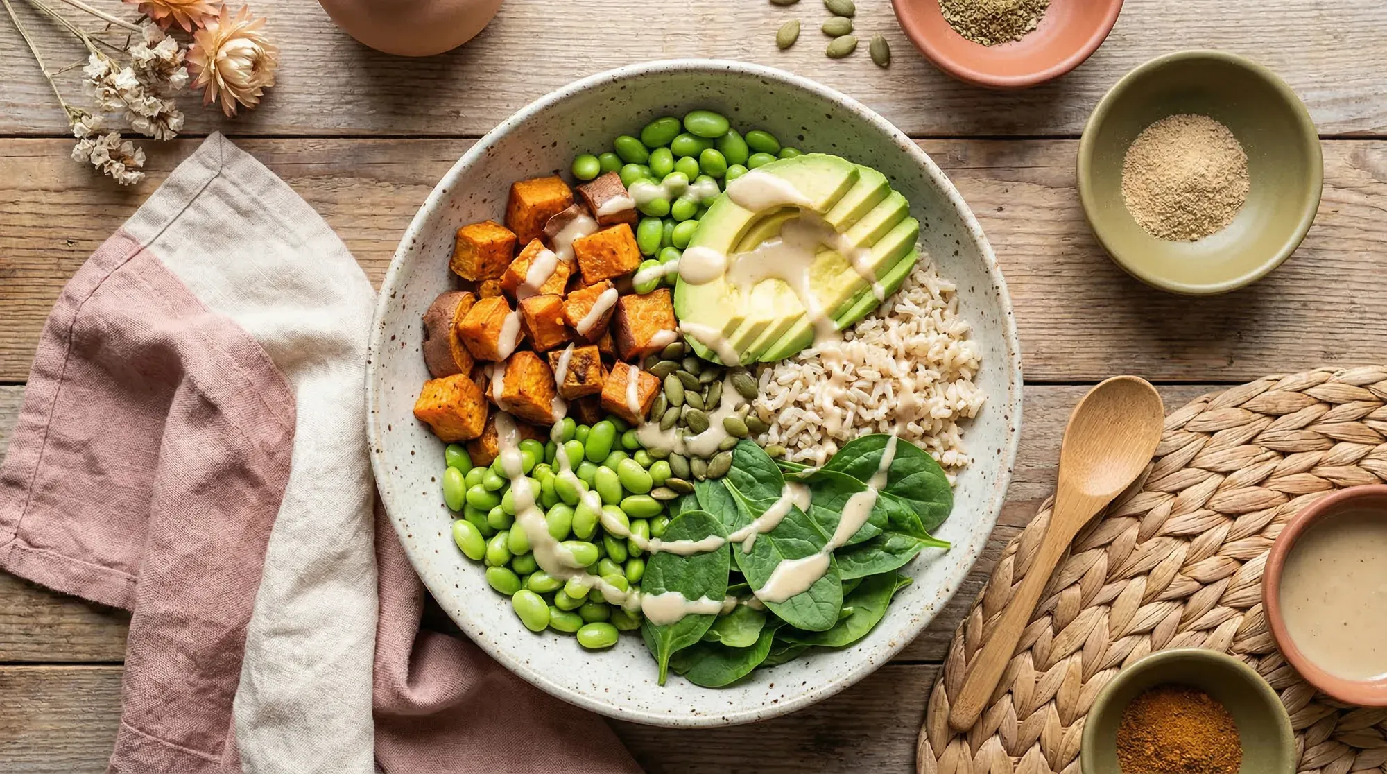 Vegetarian PCOS-friendly Buddha bowl with sweet potato, edamame, avocado, and brown rice