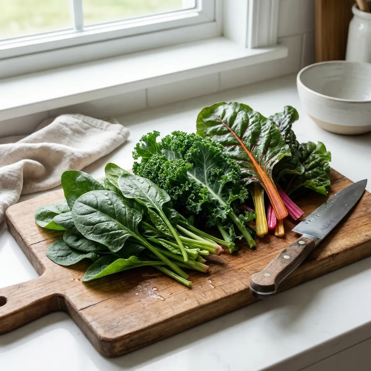 Fresh dark leafy greens — spinach, kale and swiss chard