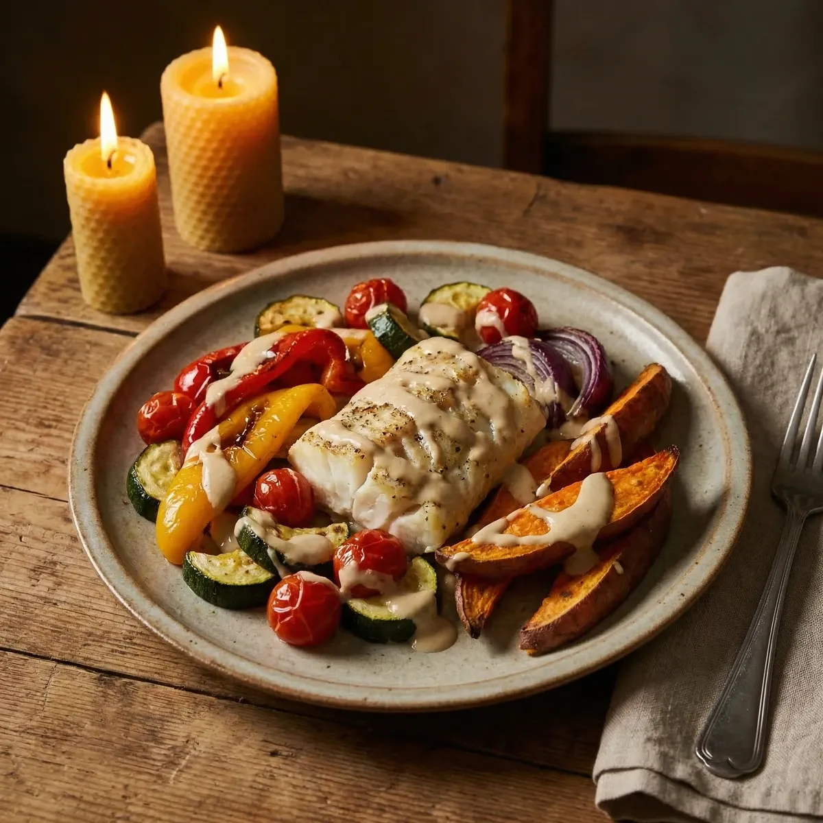 PCOS-friendly baked cod with Mediterranean vegetables