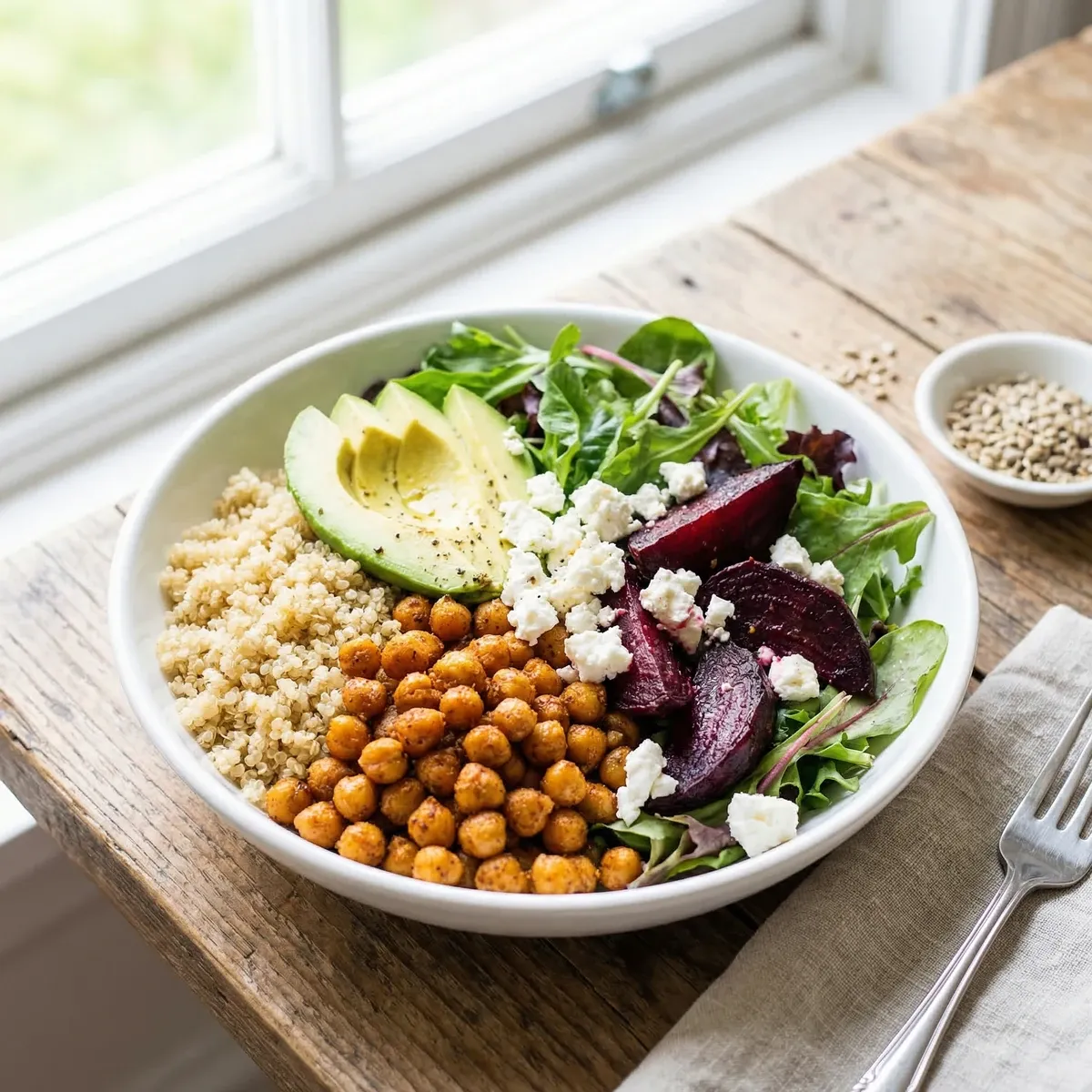 PCOS grain bowl with quinoa, chickpeas, avocado and beetroot