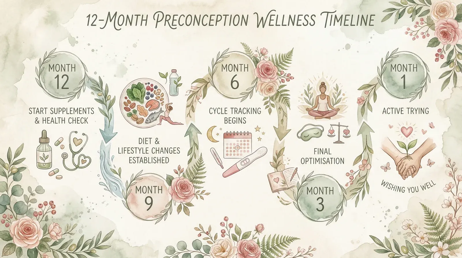Watercolour illustration of a 12-month preconception preparation timeline showing milestones from supplements and health checks to active trying