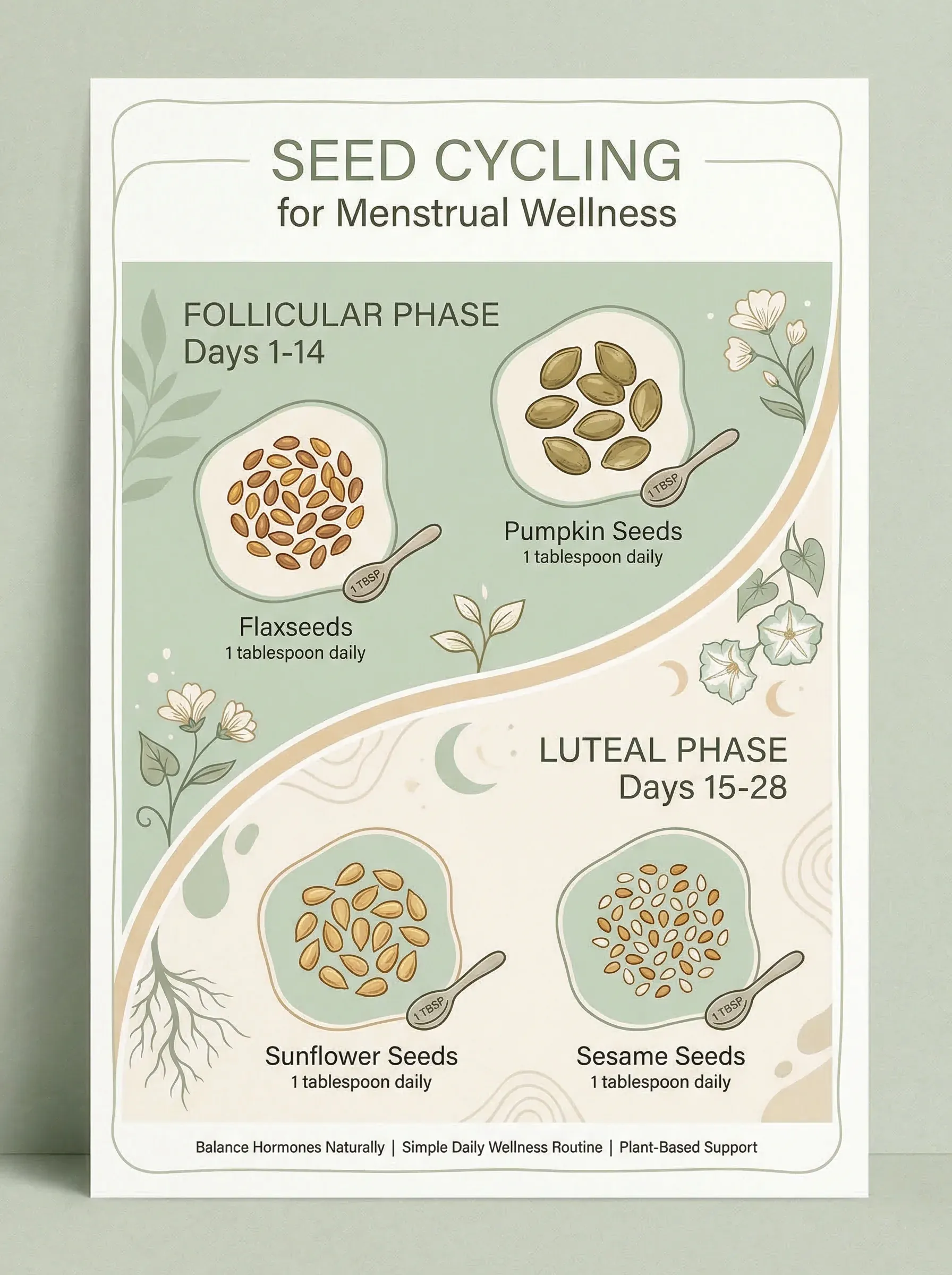 Seed cycling chart infographic showing which seeds to eat during follicular and luteal phases
