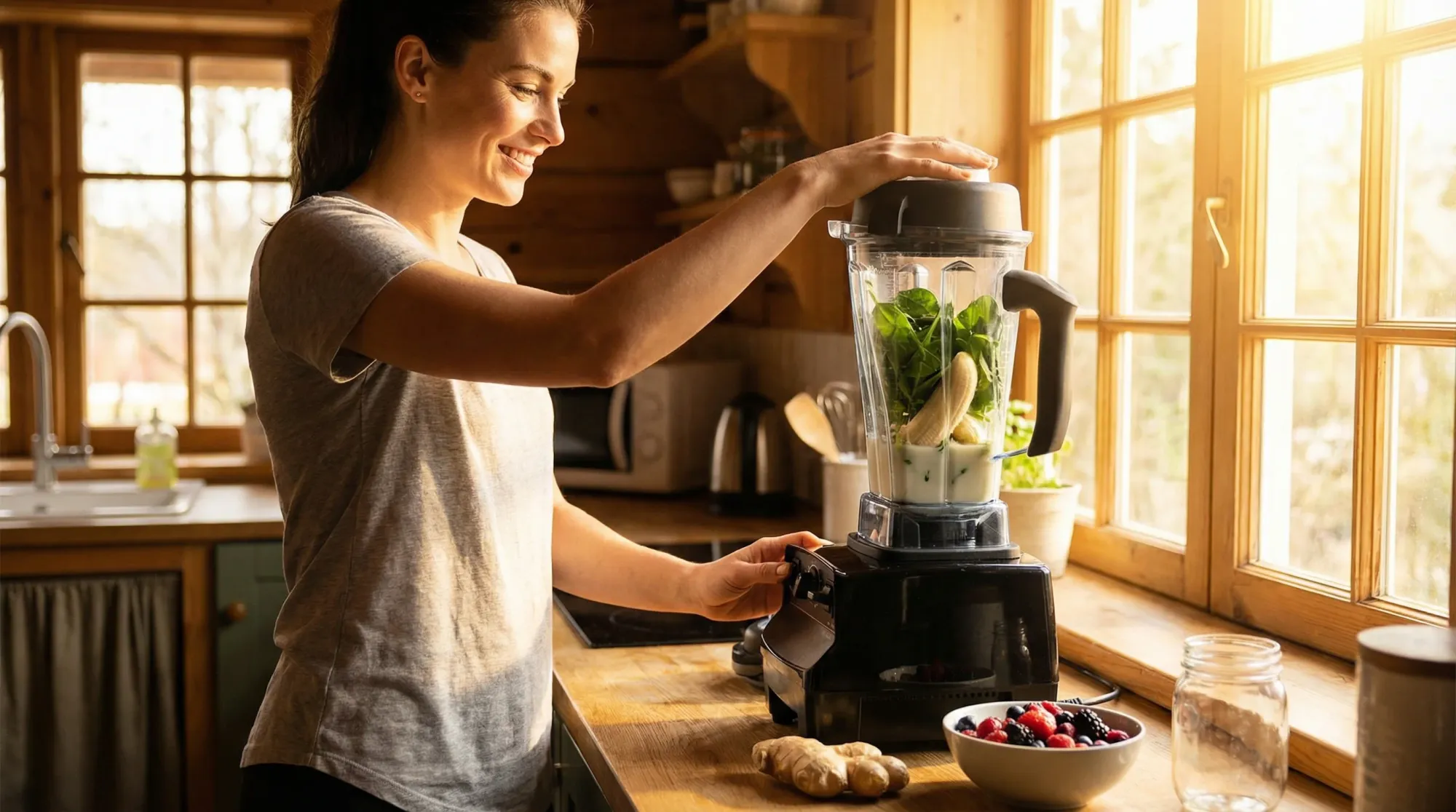 Woman blending a green smoothie with spinach, banana, and ginger