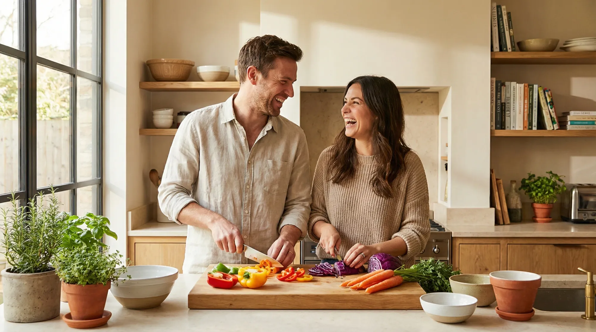 Couple cooking together and laughing in a bright kitchen