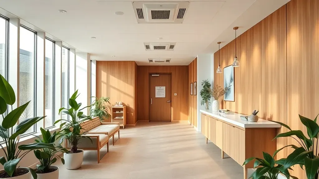 Modern fertility clinic reception area with natural wood and plants