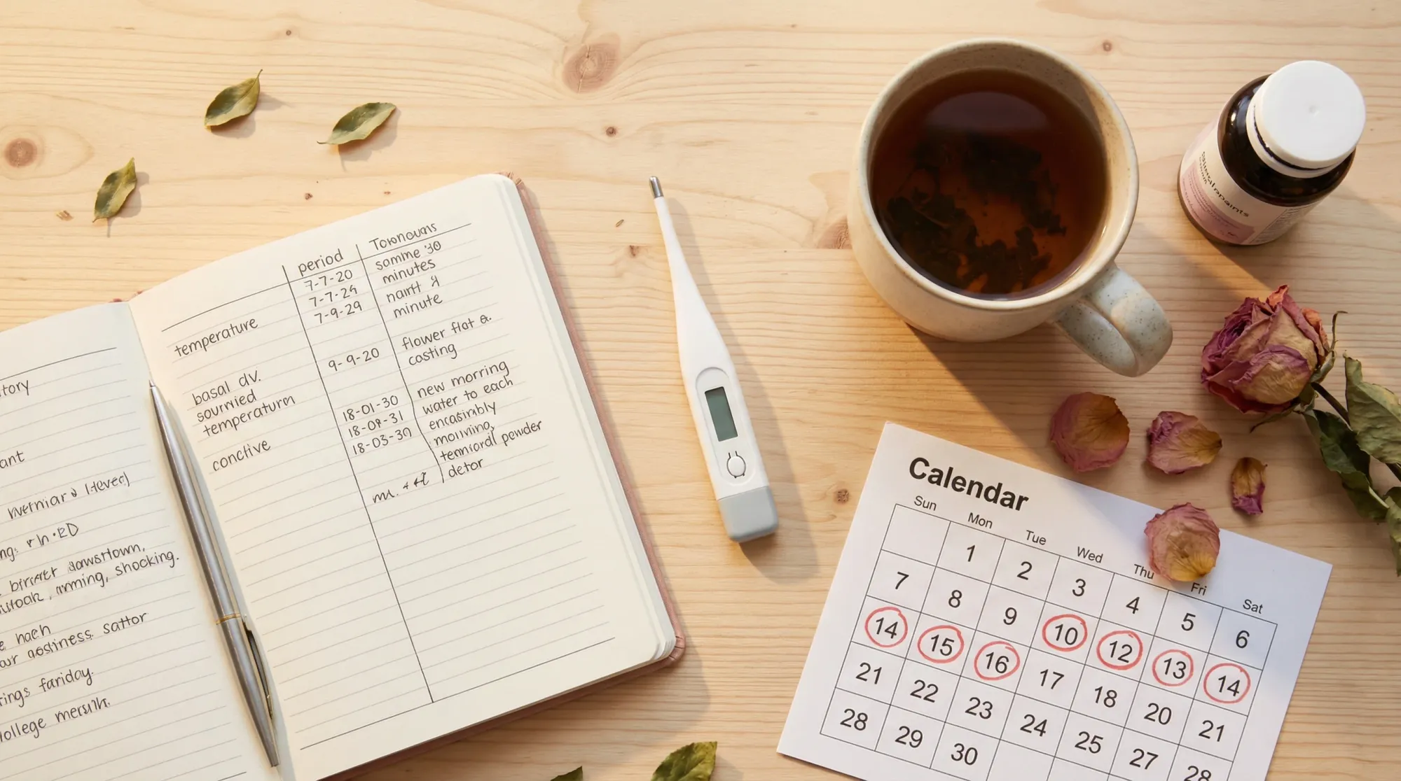 Luteal phase tracking tools — journal, BBT thermometer, and herbal tea