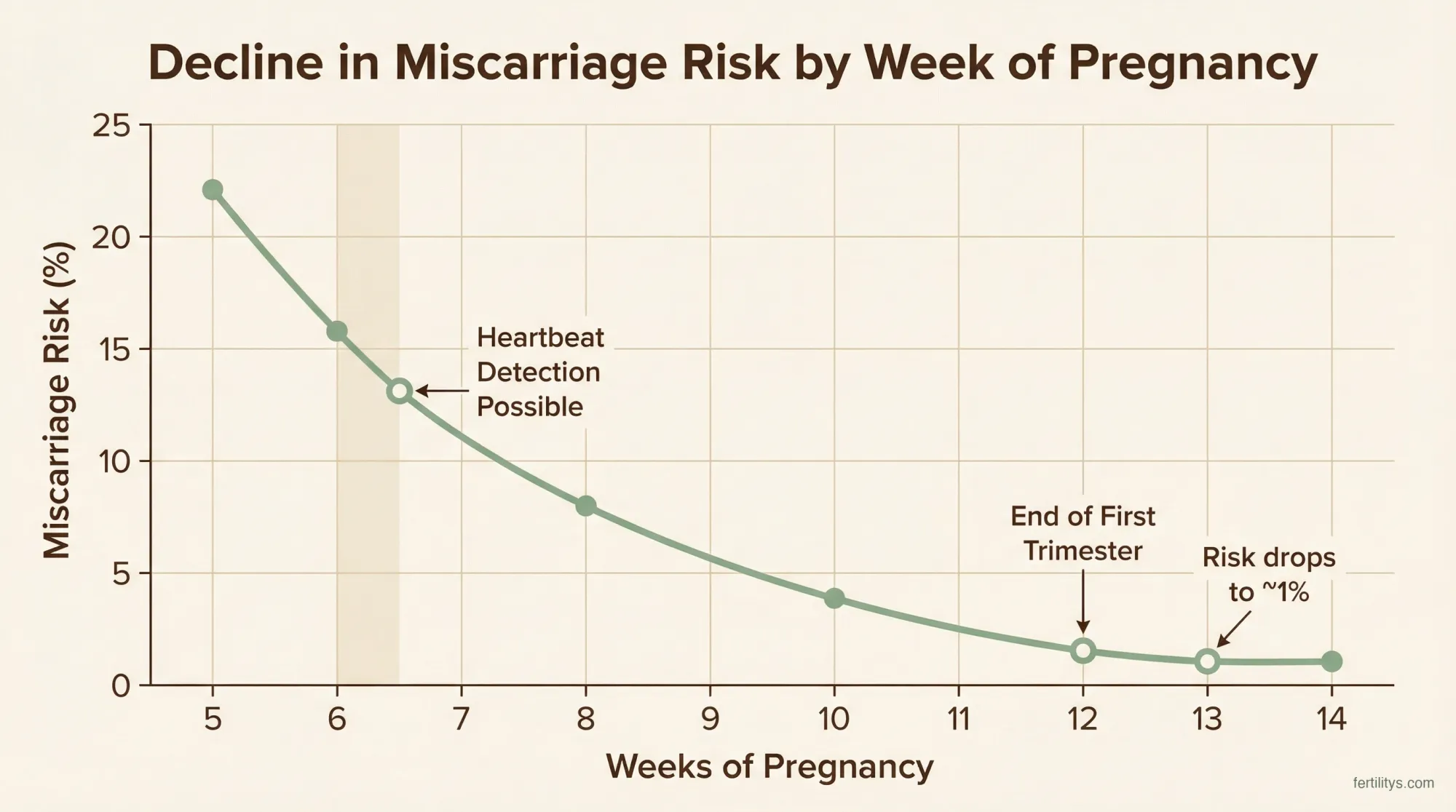 Chart showing miscarriage risk declining from week 5 to week 13 of pregnancy
