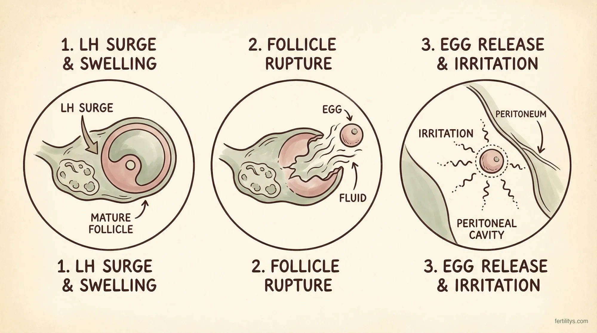 Diagram showing the ovulation pain timeline — LH surge, follicle rupture, and peritoneal irritation