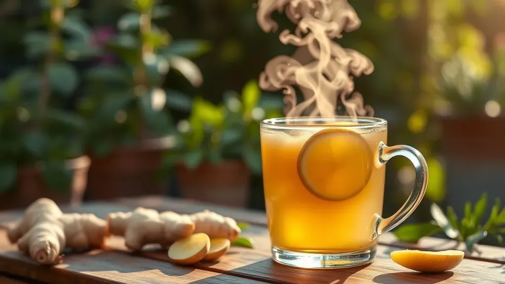 Steaming ginger tea with fresh ginger slices on a garden table