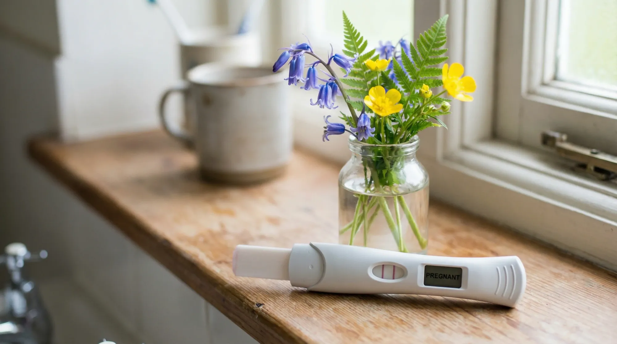 Pregnancy test beside wildflowers in morning light
