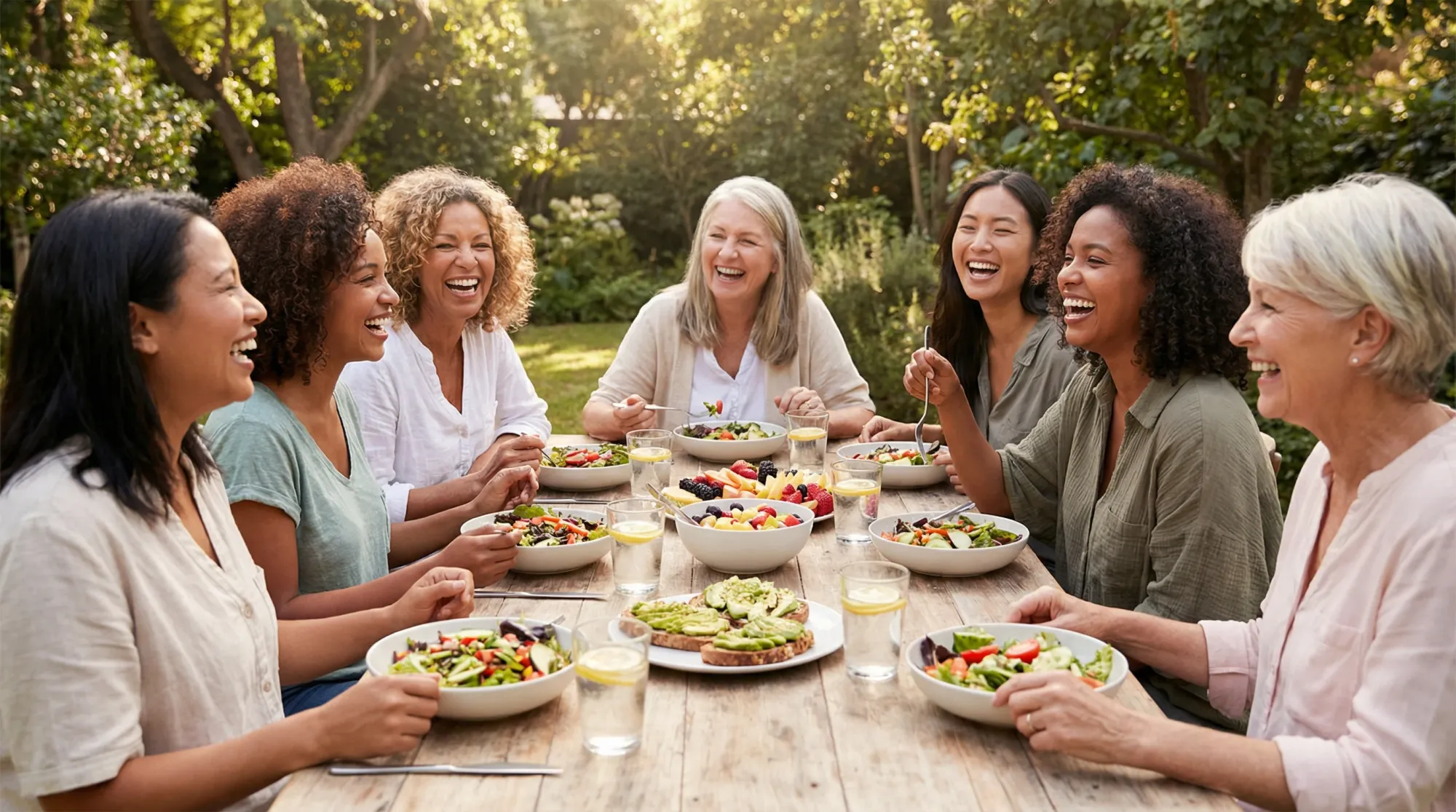 Diverse group of women sharing a meal together in a sunny garden