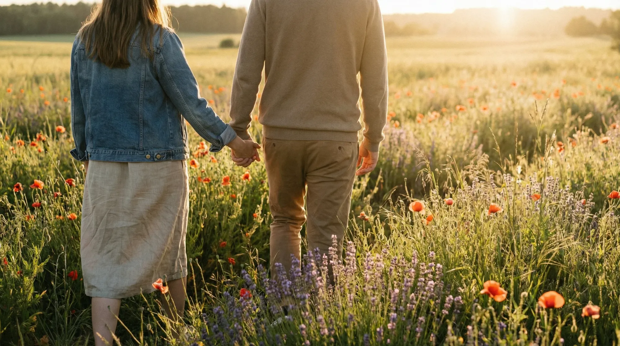Couple walking hand in hand through a wildflower field at golden hour