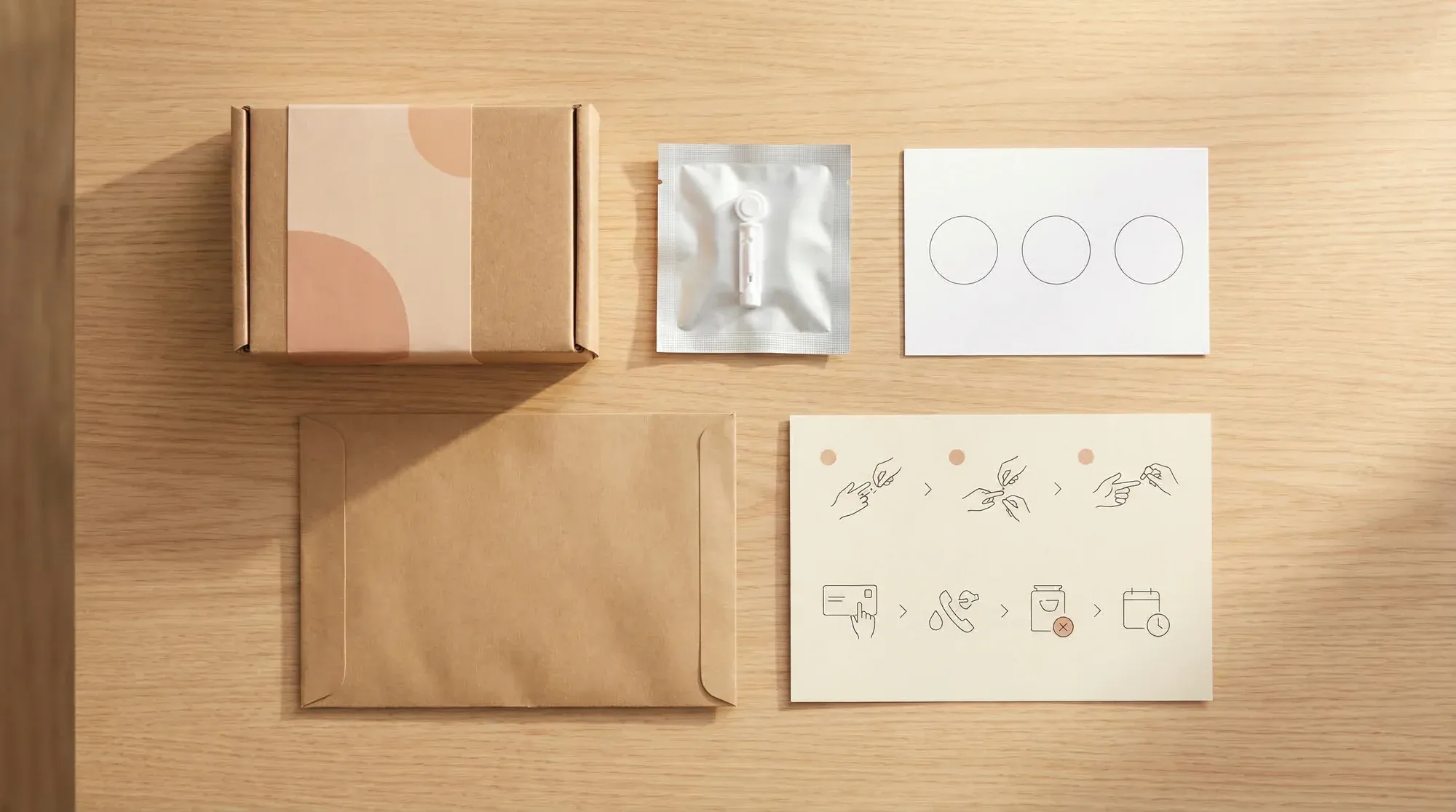 Woman completing at-home fertility blood test kit in comfortable setting