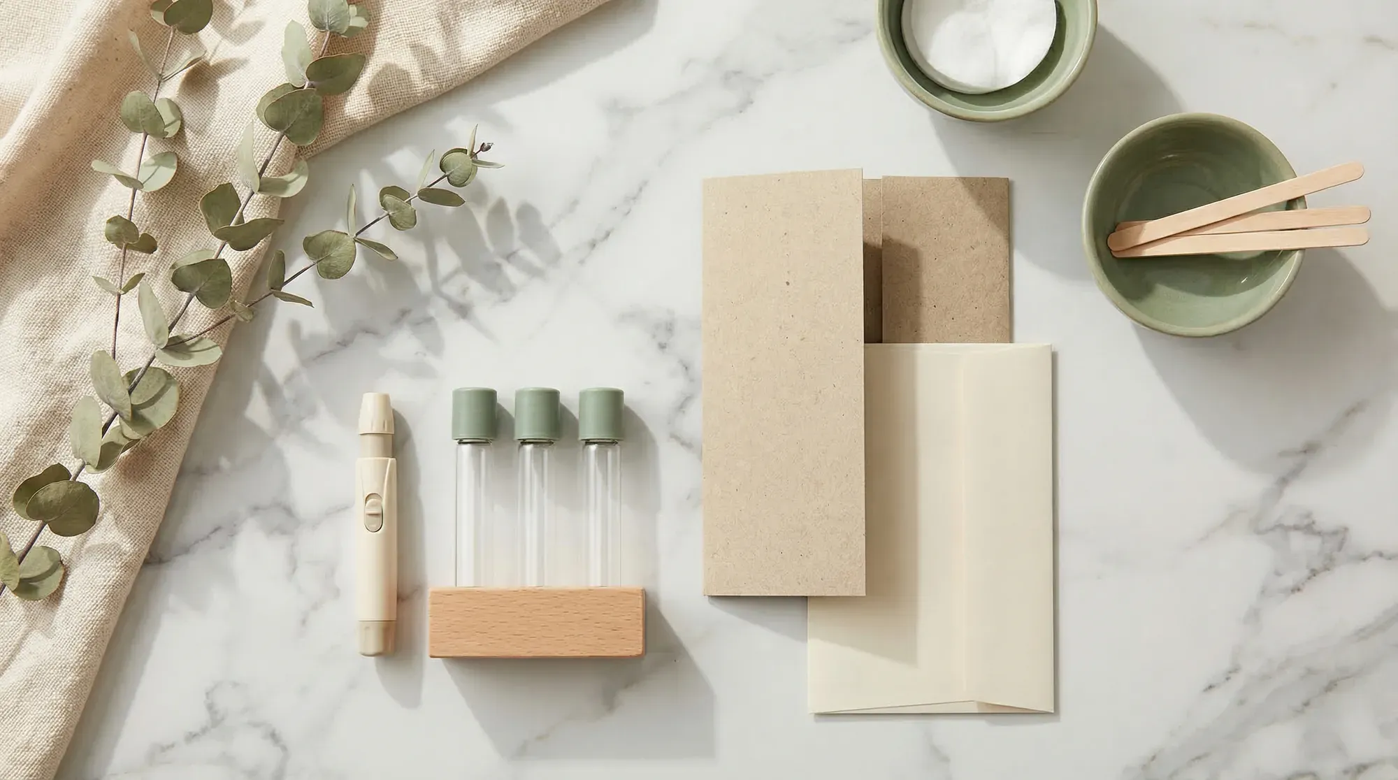 Flat-lay of an at-home fertility test kit with blood collection device and sample vials on a marble surface