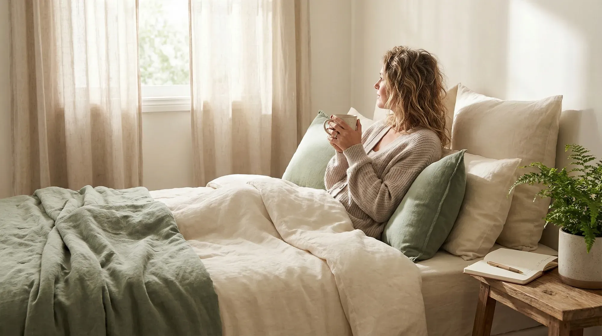 Woman tracking her cycle with a journal in the morning, peaceful wellness setting