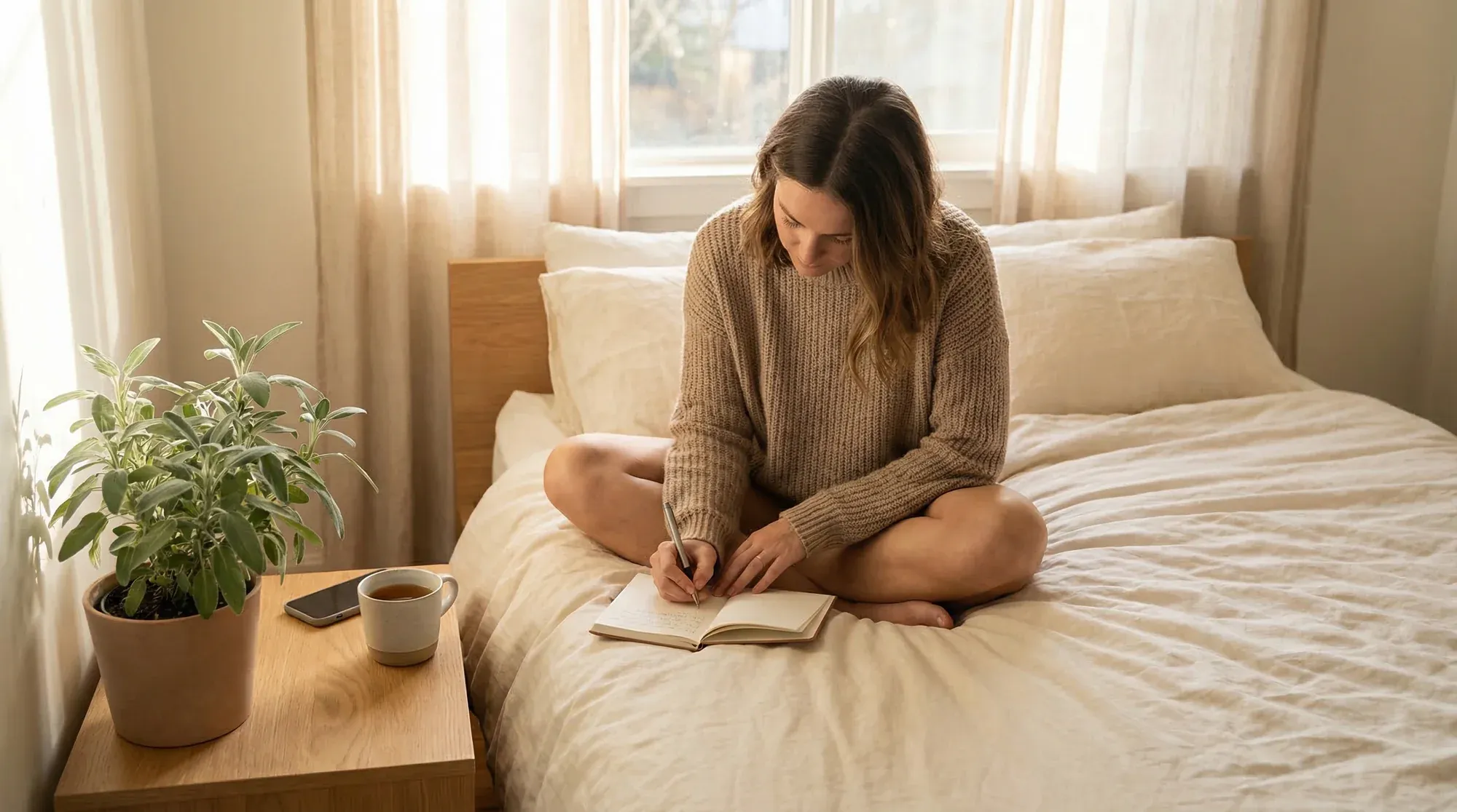 Woman tracking her cycle in a journal with tea and phone beside her