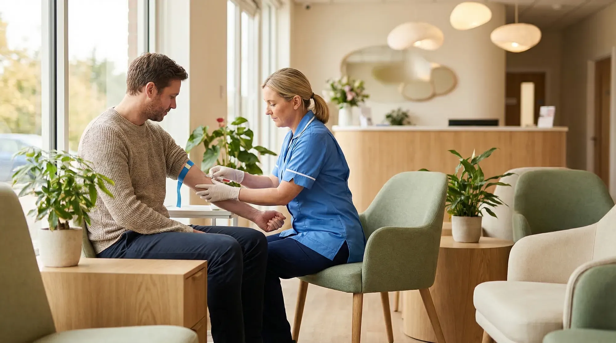 Blood draw during a fertility hormone test at a modern clinic with warm natural lighting
